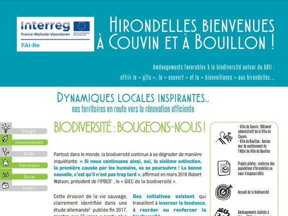 Fiche "Hirondelles bienvenues à Couvin et à Bouillon", réalisée par Espace Environnement dans le cadre du projet Interreg Fai-re