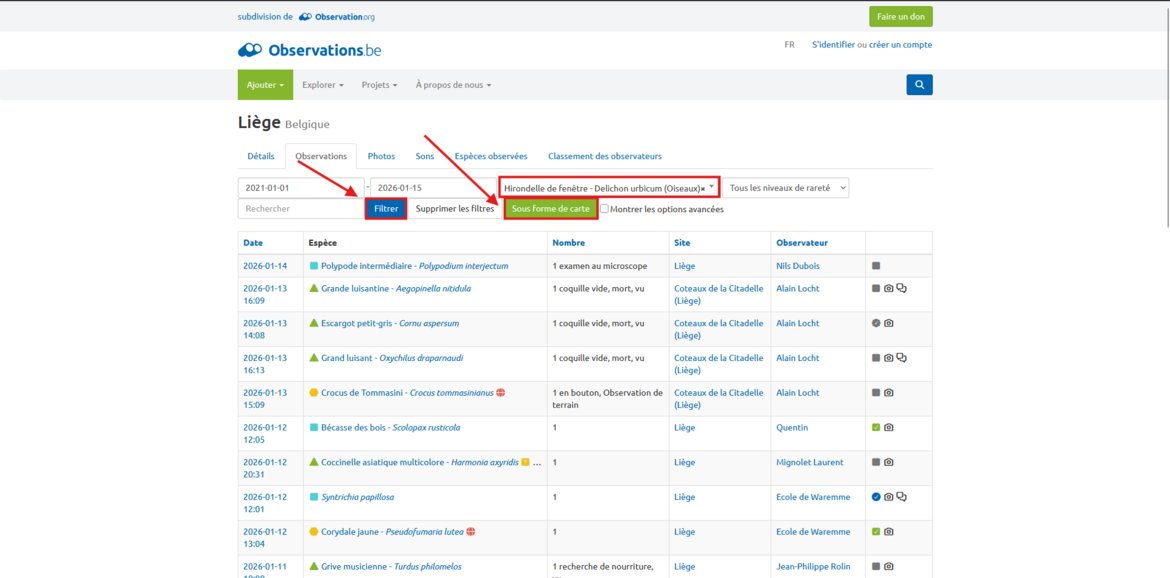 Capture d’écran des observations faites dans la localité de Liège — © observations.be