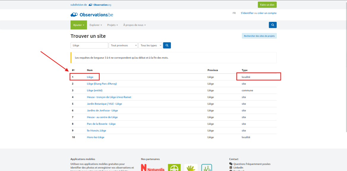 Capture d’écran de la recherche des sites contenant le mot « Liège » — © observations.be