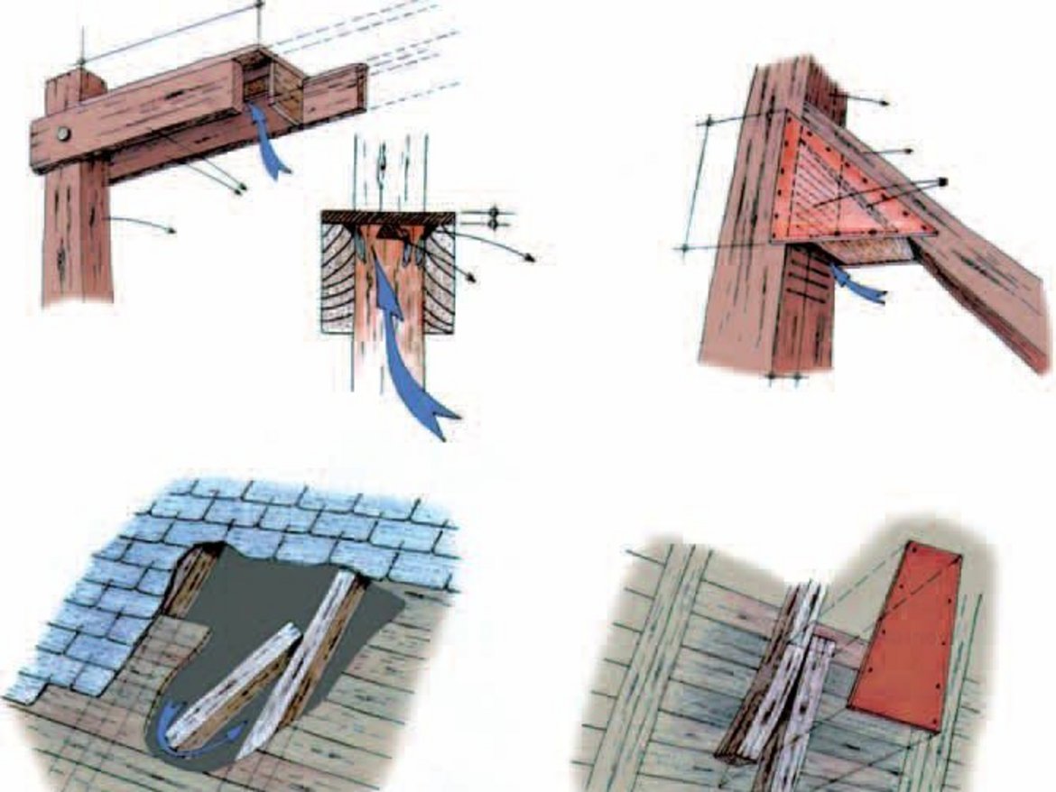 Variantes de microgîtes pour chauves-souris intégrés à la charpente, attention à la bonne étanchéité des joints - in Guide pour l’aménagement des combles et clochers des églises et d’autres bâtiments p.49 © SPW