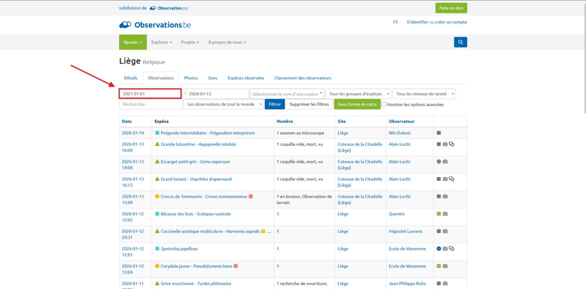 Capture d’écran des observations faites dans la localité de Liège — © observations.be