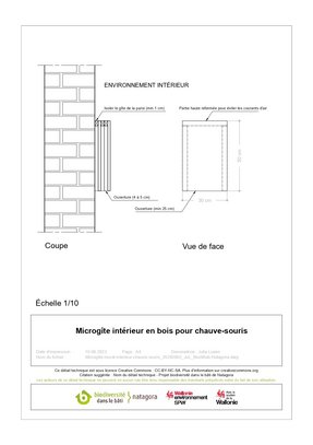 Microgîte pour chauves-souris à l'intérieur d'un espace non chauffé — Vue en coupe et en élévation — © Julia Luxen bati.natagora.be Microgîte pour chauves-souris à l'intérieur d'un espace non chauffé — Vue en coupe et en élévation — © Julia Luxen bati.natagora.be