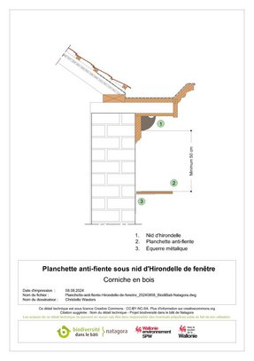 Détail technique Planchette anti-fiente sous nid d'Hirondelle de fenêtre  © projet biodiversité dans le bâti de Natagora